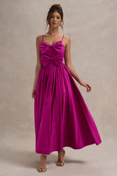 Fuschia Pink Strappy Pleated Maxi Dress With Bows